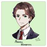  1boy andrew_hanbridge blue_jacket brown_hair collared_shirt do_it_lara green_background green_eyes hair_intakes jacket lapels little_witch_academia male_focus necktie notched_lapels red_necktie shirt short_hair simple_background solo white_shirt 