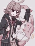  1girl animal_ears backpack bag black_jacket blunt_bangs blush brown_hair brown_skirt collared_shirt d: danganronpa_(series) danganronpa_2:_goodbye_despair diaper fake_animal_ears galaga hair_ornament hand_up highres hood hooded_jacket jacket long_sleeves medium_hair monomi_(danganronpa) neck_ribbon notice_lines open_clothes open_jacket pink_bag pink_ribbon pleated_skirt rabbit_ears ribbon shiro_(luv03i) shirt simple_background skirt two-tone_shirt white_background 