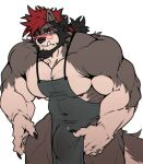  2023 abs anthro apron apron_only beard biceps black_hair bulge canid canine canis claws clothing deltoids eyebrow_scar eyewear facial_hair finger_claws flexor_carpi fur glasses grey_apron grey_body grey_fur hair hi_res highlights_(coloring) male mammal matcharyu multicolored_body multicolored_fur muscular_thighs navel_outline nipples pecs ponytail red_eyes red_highlights scar short_ponytail simple_background solo tan_body tan_fur triceps two_tone_body two_tone_fur white_background wolf 