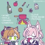  2girls animal_ear_fluff animal_ears apple arknights artist_name bottle cat_ears cat_girl cat_tail chibi cinnamon_stick closed_eyes clove cooking_pot cup drink english_text eyelashes fingerless_gloves fire food fox_ears fruit gloves green_background green_eyes grill hair_over_one_eye holding holding_cup long_hair long_sleeves mandarin_orange mousse_(arknights) mousse_(campfire_cooking_smoke)_(arknights) mug multicolored_hair multiple_girls nora_(petlico) official_alternate_costume one_eye_closed orange_(fruit) orange_hair orange_slice pepper_shaker pink_hair pozyomka_(arknights) pozyomka_(snowy_plains_in_words)_(arknights) red_scarf scarf short_hair simple_background star_anise_(spice) tail twitter_username two-tone_hair u_u upper_body white_gloves wine_bottle wolf_ears wolf_girl 