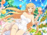  1girl ass_visible_through_thighs balloon blue_sky blush breasts bride choker cleavage cloud day dress falling_petals flower grass kumi_(senran_kagura) large_breasts leaf lens_flare long_hair looking_at_viewer nontraditional_wedding_dress official_alternate_costume official_art open_mouth orange_flower orange_hair orange_rose outdoors petals pink_flower pink_rose plant red_eyes rose see-through see-through_dress senran_kagura senran_kagura_new_link senran_kagura_new_wave short_shorts shorts skindentation sky slit_pupils smile solo sparkle standing string_of_flags table tablecloth thigh_strap tree very_long_hair wedding wedding_dress white_choker white_flower yaegashi_nan yellow_flower yellow_rose 