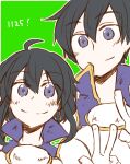  1boy 1girl ahoge armor black_hair breastplate brother_and_sister earrings fire_emblem fire_emblem:_genealogy_of_the_holy_war green_background jewelry larcei_(fire_emblem) looking_at_viewer mityo pauldrons purple_eyes scathach_(fire_emblem) short_hair shoulder_armor siblings sidelocks simple_background smile tomboy twins v white_armor 