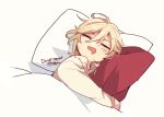  1boy artist_name bed bed_sheet blanket blonde_hair blush chibi closed_eyes commentary drooling genshin_impact hair_between_eyes kaveh_(genshin_impact) long_hair long_sleeves lying male_focus messy_hair mouth_drool naho_(pi988y) on_back open_mouth parted_bangs pillow shirt simple_background sleeping solo symbol-only_commentary twitter_username under_covers white_background white_shirt 