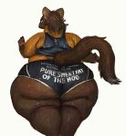  2020 anthro back_rolls big_butt bodily_fluids bottomwear brown_body brown_fur butt cettus clothed clothing crop_top female fur gulonine gym_clothing hi_res looking_back mammal marten mustelid musteline obese obese_anthro obese_female orange_body orange_fur overweight overweight_anthro overweight_female pants rear_view shirt shorts simple_background solo standing sweat tank_top topwear white_background wide_hips wristband 