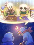  2boys artist_name black_pants blue_jacket blush book book_stack brothers crescent gloves green_shirt highres hood hood_down hooded_jacket jacket korokor59513559 lying male_focus moon multiple_boys night night_sky on_stomach open_book open_mouth pants papyrus_(undertale) pointing reading red_gloves red_scarf sans scarf shirt siblings skeleton sky smile star_(sky) starry_sky stuffed_animal stuffed_rabbit stuffed_toy teeth twitter_username undertale w.d._gaster white_shirt 