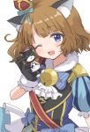  1girl animal_ear_fluff animal_ears ascot bell black_gloves blue_bow blue_bowtie blue_dress blue_eyes blush bow bowtie breasts brown_hair cat_ears crown dot_nose dress epaulettes fake_animal_ears frilled_dress frills fur-trimmed_collar fur-trimmed_gloves fur_trim gloves hand_up holding holding_stuffed_toy idolmaster idolmaster_million_live! idolmaster_million_live!_theater_days jingle_bell kahiika looking_at_viewer mini_crown neck_bell one_eye_closed open_mouth polka_dot puffy_short_sleeves puffy_sleeves red_sash sash short_hair short_sleeves simple_background small_breasts smile solo striped striped_bow striped_bowtie stuffed_animal stuffed_cat stuffed_toy suou_momoko upper_body white_ascot white_background 