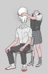  1boy 1girl ankle_socks chair collared_shirt disembodied_head dress_shirt hands_on_own_knees headless holding_head original pants pleated_skirt school_uniform shirt shoes shokugyo sitting skirt socks uwabaki vest white_hair 