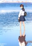  1girl a.x. bag battery_indicator blue_sailor_collar blue_skirt brown_hair dated day highres holding holding_clothes holding_footwear original outdoors ponytail reflection reflective_water sailor_collar school_bag school_uniform skirt soaking_feet solo viewfinder water 