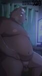  2023 anthro balls bear belly big_belly black_nose blush bodily_fluids brown_body censored computer detailed_background genital_fluids genitals hi_res humanoid_hands inside kemono male mammal menmen_kesinn minichin_chubby_day moobs navel night nipples overweight overweight_male penis precum sitting small_penis solo 