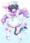  0kami_89zo 1girl absurdres apron blue_bow bow double_bun frilled_apron frills full_body hair_between_eyes hair_bun heart highres jacket jersey_maid long_sleeves looking_at_viewer loose_socks maid_apron open_mouth original purple_eyes purple_hair purple_jacket sleeves_past_fingers sleeves_past_wrists socks solo standing stuffed_animal stuffed_cat stuffed_toy tail tail_bow tail_ornament track_jacket waist_apron white_apron white_socks 