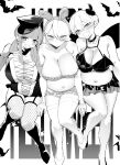  3girls angry animal_ears bat_(animal) belly bikini blush boots bra breasts bridal_gauntlets choker cleavage collarbone fake_horns fang fishnet_thighhighs fishnets frilled_bra frilled_skirt frills frown garter_straps greyscale hand_on_own_chest hat high_heels highres horns invisible_chair leotard long_hair looking_at_viewer low_twintails miniskirt monochrome multiple_girls navel open_mouth original plump rabbit_ears short_hair sitting skin_fang skirt smile strapless strapless_bra swimsuit terano_haruma thighhighs twintails underwear 