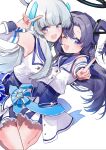  2girls ;d absurdres armpits blue_archive blue_sailor_collar blush detached_sleeves grey_hair halo highres looking_at_viewer mischievous_straight_uniform_(blue_archive) multiple_girls noa_(blue_archive) nyou_0 one_eye_closed pointing pointing_at_viewer purple_eyes purple_hair sailor_collar simple_background smile two-tone_skirt waist_ribbon white_background yuuka_(blue_archive) 