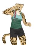  2022 anthro bite biting_object bottomwear breasts cettus cheetah clothing felid feline female flat_chested fur gold_(metal) gold_medal holding_object mammal medal one_eye_closed shirt shorts simple_background slim small_breasts standing striped_body stripes tail tank_top topwear white_background wink yellow_body yellow_fur 