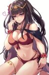  1girl absurdres bikini black_cape black_hair blush bracelet breasts cape circlet fire_emblem fire_emblem_awakening fire_emblem_heroes flower_bracelet hand_on_own_face highres jewelry looking_at_viewer medium_breasts navel official_alternate_costume purple_eyes red_bikini reia_hana seiza sitting smile solo swimsuit tharja_(fire_emblem) tharja_(summer)_(fire_emblem) thighlet white_background 