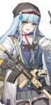  1girl absurdres arm_up assault_rifle black_gloves black_thighhighs blue_hair blue_hoodie cheogtanbyeong choker clukay_(girls&#039;_frontline_nc) collarbone commentary_request cowboy_shot cross_hair_ornament girls&#039;_frontline girls&#039;_frontline_neural_cloud gloves green_eyes grey_skirt gun h&amp;k_hk416 hair_ornament highres hk416_(girls&#039;_frontline) holding holding_gun holding_weapon hood hoodie jacket korean_commentary light_blush long_hair looking_at_viewer open_mouth pink_choker pleated_skirt rifle sidelocks simple_background skirt solo teardrop_facial_mark thighhighs trigger_discipline weapon white_background white_jacket zettai_ryouiki 