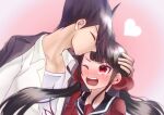  1boy 1girl black_jacket black_sailor_collar blunt_bangs blush brown_hair closed_eyes danganronpa_(series) danganronpa_v3:_killing_harmony earrings gradient_background hair_ornament hair_scrunchie harukawa_maki heart jacket jewelry kiss kissing_forehead mole mole_under_eye momota_kaito open_clothes open_jacket open_mouth open_shirt pink_background print_shirt red_eyes red_scrunchie red_shirt sailor_collar satori_(aosky9077) scrunchie shirt spiked_hair teeth upper_teeth_only white_shirt 