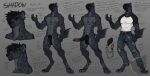  5_fingers anthro balls biped clothed clothing countershade_fur countershade_neck countershade_torso countershading ear_piercing english_text erection fingers fur genitals hair hi_res hyena male mammal model_sheet myfurrymind notched_ear penis piercing shadow_(myfurrymind) solo tail text 