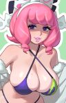  1girl bare_shoulders bikini breasts commentary eyebrows_hidden_by_hair eyelashes fur_trim green_background green_bikini hairband highres klara_(pokemon) large_breasts leaning_forward looking_at_viewer medium_hair mole mole_on_breast mole_under_mouth navel parted_lips pink_hair pink_lips pokemon pokemon_(game) pokemon_swsh purple_bikini purple_eyes riz skindentation solo swimsuit symbol-only_commentary thick_eyebrows two-tone_bikini upper_body white_hairband 
