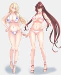  2girls absurdres bikini blonde_hair blue_eyes breasts brown_hair cherry_blossoms cleavage floral_print flower full_body grey_background hair_flower hair_ornament highres iowa_(kancolle) kantai_collection large_breasts legs long_hair multiple_girls nitamako_(sakamalh) pink_bikini ponytail red_eyes sandals simple_background standing star-shaped_pupils star_(symbol) star_print swimsuit symbol-shaped_pupils toeless_footwear toes very_long_hair white_bikini yamato_(kancolle) 