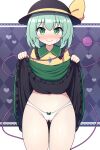  1girl ass_visible_through_thighs black_headwear blush bow cameltoe checkered_background dot_nose eyeball frilled_skirt frills green_eyes green_hair green_skirt groin hat hat_ribbon heart heart_of_string highres komeiji_koishi lifted_by_self looking_at_viewer navel nose_blush panties purple_background ribbon rizento shirt short_hair skirt smile solo sweatdrop thigh_gap thighs third_eye touhou underwear upskirt white_background white_panties yellow_shirt 