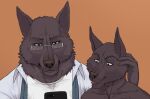  age_difference anthro anya_(repzzmonster) canid canine canis clothing duo eyewear father_(lore) father_and_child_(lore) father_and_son_(lore) glasses looking_at_object looking_at_phone male mammal mauri_(repzzmonster) older_male parent_(lore) parent_and_child_(lore) parent_and_son_(lore) phone repzzmonster shirt son_(lore) topwear whiskers wolf younger_male 
