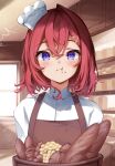 1girl absurdres ange_katrina apron baguette basket blue_eyes bread brown_apron cheek_bulge chef commentary eating food food_on_face hair_between_eyes highres light_blush looking_at_viewer mini_chef_hat nagori0127 nijisanji red_hair short_hair single_hair_intake solo triangle_hair_ornament virtual_youtuber 