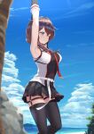  1girl armpits arms_up beach belt black_gloves black_skirt black_thighhighs blue_eyes blue_sky blush braid breasts brown_hair chest_harness cloud commentary_request day fingerless_gloves garter_straps gloves hair_flaps hair_over_shoulder harness highres horizon kantai_collection long_hair necktie ocean ochikata_kage one_eye_closed outdoors palm_tree pleated_skirt red_necktie rock sand shigure_(kancolle) shigure_kai_san_(kancolle) shirt single_braid skirt sky sleeveless sleeveless_shirt smile solo stretching thighhighs tree two-tone_shirt water white_belt zettai_ryouiki 