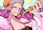  1girl anti-eyebrow_piercing artist_name bare_shoulders commentary english_commentary food hat highres holding holding_food holding_pizza jewelry_bonney lipstick long_hair makeup mygiorni one_piece orange_headwear piercing pink_hair pizza purple_eyes smile solo teeth 