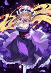  1girl blonde_hair bow breasts cleavage collarbone dress elbow_gloves falken_(yutozin) flower frilled_dress frills gloves hair_between_eyes hair_bow hat hat_ribbon highres large_breasts long_hair looking_at_viewer mob_cap open_mouth petals purple_dress purple_eyes purple_flower red_bow red_footwear red_ribbon ribbon shoes short_sleeves sidelocks solo touhou white_gloves white_headwear yakumo_yukari 