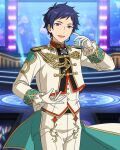  1boy blue_hair buttons cowboy_shot dark_blue_hair ensemble_stars! fushimi_yuzuru gloves hand_up happy_elements headset long_sleeves looking_at_viewer male_focus mole mole_under_eye official_art open_mouth purple_eyes short_bangs short_hair solo third-party_source 