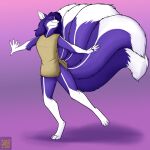  anthro black_nose canid canine clothed clothing eyes_closed female fox foxenawolf fur gloves_(marking) gradient_background leg_markings mammal markings multi_tail purple_body purple_fur simple_background socks_(marking) solo tail 