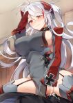  1boy 1girl antenna_hair azur_lane black_gloves black_panties blush breasts brown_eyes censored closed_mouth clothing_aside commission cross cum cum_in_pussy dress eyes_visible_through_hair from_below garter_straps girl_on_top gloves grey_dress grey_thighhighs hair_between_eyes headgear hetero highres iron_cross large_breasts long_hair long_sleeves looking_down mosaic_censoring multicolored_hair panties panties_aside penis prinz_eugen_(azur_lane) pussy red_hair salute sex sideboob skeb_commission smile solo_focus spread_legs standing_at_attention straddling streaked_hair sweat swept_bangs thighhighs tsuki_tokage two_side_up underwear vaginal very_long_hair white_hair 