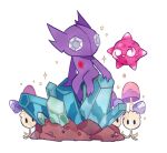  black_eyes crystal dirt gem minior minior_(core) minior_(red_core) mjoyart morelull no_humans pokemon pokemon_(creature) sableye simple_background sitting smile solid_oval_eyes sparkle white_background white_gemstone 