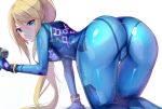  1girl all_fours ass backlighting blonde_hair blue_bodysuit bodysuit gun holding holding_gun holding_weapon impossible_bodysuit impossible_clothes long_hair looking_at_viewer looking_back metroid ponytail racket_ti1 samus_aran simple_background skin_tight solo weapon white_background 