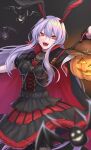  1girl animal_ears basket dress halloween halloween_costume hand_up highres holding holding_basket jack-o&#039;-lantern long_hair open_mouth purple_hair rabbit_ears re_(re_09) red_eyes reisen_udongein_inaba solo touhou vampire_costume 