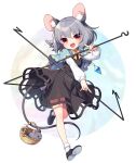  1girl animal animal_ear_fluff animal_ears black_dress black_footwear blue_capelet blush capelet dowsing_rod dress fingernails full_body grey_hair hair_between_eyes highres jewelry kozakura_(dictionary) long_sleeves mouse mouse_ears mouse_tail nazrin open_mouth pendant red_eyes sample_watermark shirt shoes short_hair smile socks solo tail thick_eyebrows touhou watermark white_shirt white_socks 