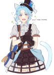  1boy absurdres animal_ears bag black_gloves blue_eyes cat_boy cat_ears cat_tail genshin_impact gloves hat highres majunjuu male_focus mole mole_under_eye open_mouth original shorts simple_background solo sweat tail top_hat white_background 