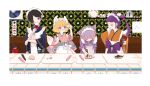  4girls :&lt; alcohol animal_ears apron arm_up black_hair blonde_hair blue_eyes blue_kimono border bottle bow cat_ears cat_tail chocolate_syrup commentary_request cone_hair_bun counter cup cutting_board double_bun drinking_glass ears_up euca_(recita) facing_another food food_writing gradient_hair hacchi&#039;s_mahou_shoujo_minky_pinky hair_bun heart-shaped_cookie highres holding holding_bottle holding_cup holding_food indoors inspecting japanese_clothes kimono lineup looking_at_food mahou_shoujo_minky_pinky maid maid_headdress multicolored_hair multiple_girls napoli_no_otokotachi obi orange_kimono pele_(napoli_no_otokotachi) pink_hair pink_kimono purple_bow purple_hair purple_kimono purple_nails sash shiyumi_(napoli_no_otokotachi) short_hair sleeves_rolled_up smirk smug standing tail tail_raised tasuki translation_request twintails v-shaped_eyebrows wa_maid waist_apron waist_bow wallpaper_(object) white_border white_bow wide_sleeves wine wine_glass 