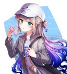 baseball_cap blunt_bangs brown_hair captain_nemo_(fate) colored_inner_hair eyewear_removed fate/grand_order fate_(series) green_eyes hat highres holding holding_removed_eyewear jacket long_hair low_wings multicolored_hair nemo_(fate) open_clothes open_jacket peaked_cap shell_ocean sidelocks wings 