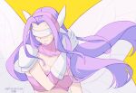  1girl armor artist_name bra butterfly_wings covered_eyes dated digimon digimon_(creature) fairimon gloves hand_in_own_hair long_hair mask nakijima pauldrons purple_bra purple_hair shoulder_armor simple_background single_pauldron solo underwear upper_body white_gloves wings yellow_background 