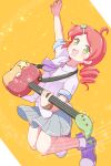  1girl ahoge andou_ringo arm_up ascot blue_skirt bracelet drill_hair green_eyes guitar highres holding holding_guitar holding_instrument holding_plectrum instrument jazz_grace jewelry looking_at_viewer medium_hair open_mouth plectrum purple_ascot purple_footwear puyopuyo puyopuyo_7 puyopuyo_quest shirt short_sleeves skirt socks solo twin_drills white_shirt white_socks 