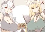  3girls akanotanin13 animal_ears arknights bear_ears blonde_hair breast_envy breasts chibi cleavage crop_top earpiece green_eyes gummy_(arknights) hairband horn_(arknights) horns jewelry large_breasts long_hair mudrock_(arknights) multiple_girls pendant pointy_ears red_eyes signature white_hair wolf_ears 