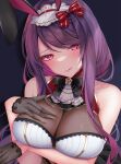  1girl :q absurdres animal_ears arm_under_breasts bangs bare_shoulders black_gloves blush breasts closed_mouth fake_animal_ears gloves gundou_mirei hair_ornament half_gloves hand_on_own_chest head_tilt highres large_breasts long_hair looking_at_viewer nijisanji playboy_bunny purple_eyes purple_hair rabbit_ears rai_(newtype_xm-x1) sidelocks simple_background smile solo tongue tongue_out virtual_youtuber 