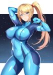 1girl absurdres arm_up blonde_hair blue_bodysuit blue_eyes blush bodysuit breasts cameltoe closed_mouth covered_navel covered_nipples hand_up highres large_breasts long_hair looking_at_viewer metroid mole mole_under_mouth ponytail ranhatu samus_aran sidelocks skin_tight smile solo swept_bangs zero_suit 