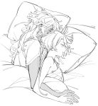  2girls bed blush closed_eyes couple grabbing grabbing_another&#039;s_breast gundam gundam_suisei_no_majo hair_down highres hug hug_from_behind low_ponytail lying messy_hair miorine_rembran monochrome multiple_girls on_side parted_lips pillow shirt size_difference sleeping sleepwear suletta_mercury t-shirt yuri zhuotian 