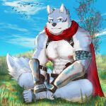  1:1 abs absurd_res anthro blue_eyes blue_sky canid canine canis clothing crave_saga eyebrows footwear fujisakiaming fur grass grey_body grey_fur hakuma_(crave_saga) hi_res male mammal nipples outside pecs plant sandals scar sitting sky solo thick_eyebrows wolf 