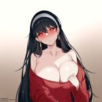  1girl absurdres amai-pai bare_shoulders black_hair breasts cleavage collarbone earrings hairband heart heart-shaped_pupils highres jewelry large_breasts long_hair looking_at_viewer off-shoulder_sweater off_shoulder parted_lips red_eyes red_sweater solo spy_x_family sweater symbol-shaped_pupils upper_body very_long_hair white_hairband yor_briar 