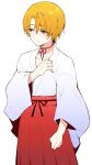  1boy arm_at_side blonde_hair clenched_hand closed_mouth collarbone commentary_request cosplay cowboy_shot crossdressing embarrassed eyes_visible_through_hair frown hair_between_eyes hair_ornament hairclip hakama highres higurashi_no_naku_koro_ni houjou_satoshi japanese_clothes kimono long_sleeves looking_to_the_side male_focus miko neck_ribbon nose pink_eyes red_hakama red_ribbon ribbon short_hair simple_background solo stasis_tank steins;gate suzuragi_karin sweatdrop urushibara_ruka urushibara_ruka_(cosplay) white_background white_kimono wide_sleeves 