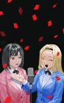  2girls bangs_pinned_back black_background black_bow black_bowtie black_eyes black_hair black_hairband black_mouth blazer blonde_hair blue_jacket blue_suit blurry blurry_foreground bob_cut bow bowtie commentary_request confetti copyright_name dress_shirt furrowed_brow hairband hand_on_another&#039;s_chest hand_up highres jacket kirarazaka_marina kuze_shizuka long_hair long_sleeves looking_at_another manzai medium_hair microphone microphone_stand multiple_girls nou_1182 official_alternate_costume one_eye_closed open_mouth pink_jacket pink_suit pun raised_eyebrow ribbed_shirt shirt simple_background smile squinting suit takopii_no_genzai uneven_eyes white_shirt yellow_eyes 
