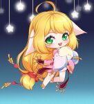  1girl :d absurdres ahoge animal_ears anklet ball bare_legs bell blonde_hair blue_background blush chibi chinese_clothes dress ears_down fox_ears full_body gradient_background green_eyes hanfu highres holding holding_ball huyao_xiao_hongniang jewelry kumu_zaisheng layered_sleeves leg_up long_hair long_sleeves looking_at_viewer low-tied_long_hair pink_dress short_dress short_over_long_sleeves short_sleeves smile solo star_(symbol) teeth tushan_susu upper_teeth_only very_long_hair wide_sleeves 